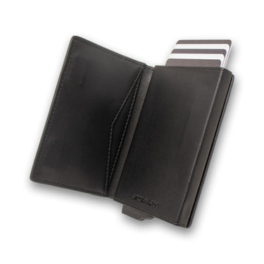 Black leather card holder, open showing inside of wallet