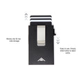 Diagram of the Raptor RFID Wallet with a stainless steel money clip showing key features